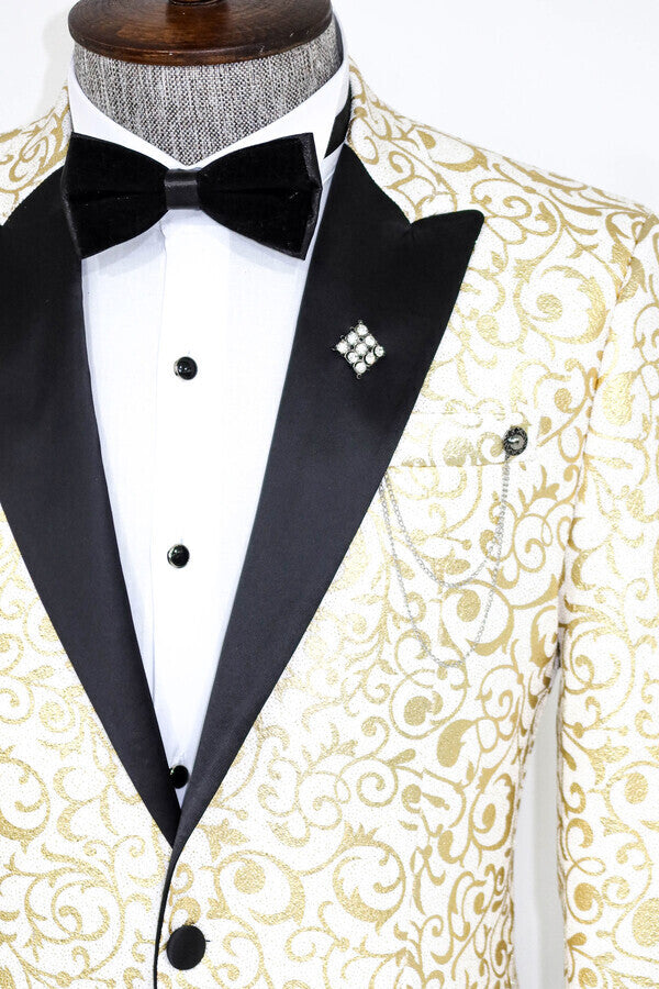 Blazer de fiesta para hombre con estampado de volutas doradas sobre blanco - Wessi