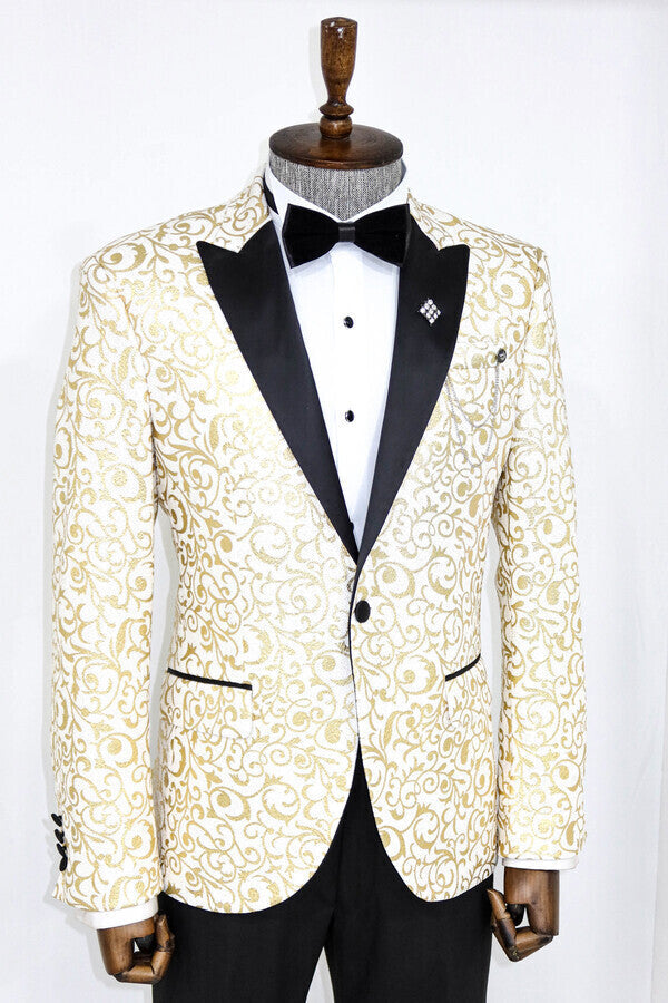 Blazer de fiesta para hombre con estampado de volutas doradas sobre blanco - Wessi