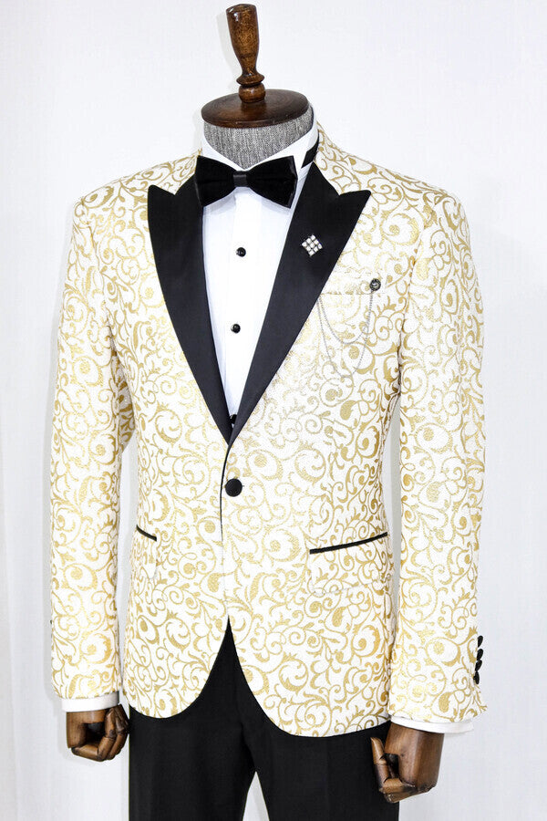 Blazer de fiesta para hombre con estampado de volutas doradas sobre blanco - Wessi