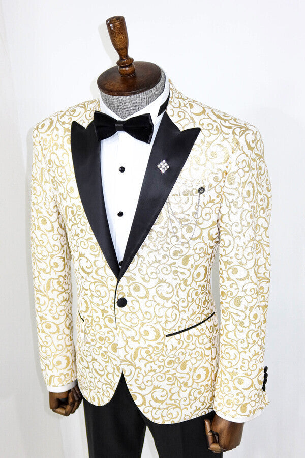 Blazer de fiesta para hombre con estampado de volutas doradas sobre blanco - Wessi