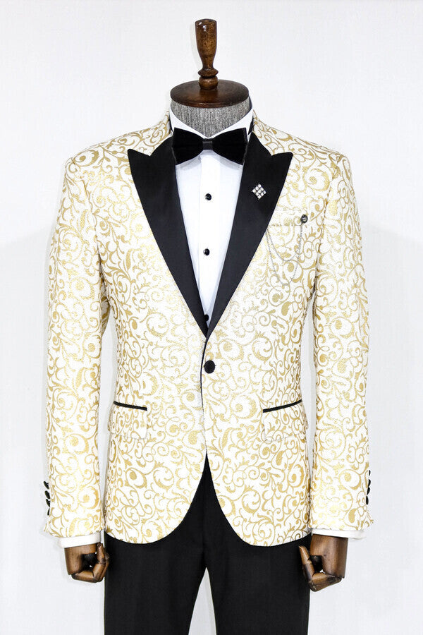 Blazer de fiesta para hombre con estampado de volutas doradas sobre blanco - Wessi