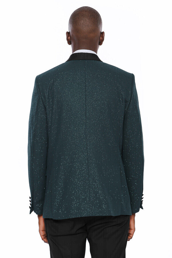 Green Shawl Lapel Sparkly Tuxedo Jacket - Wessi