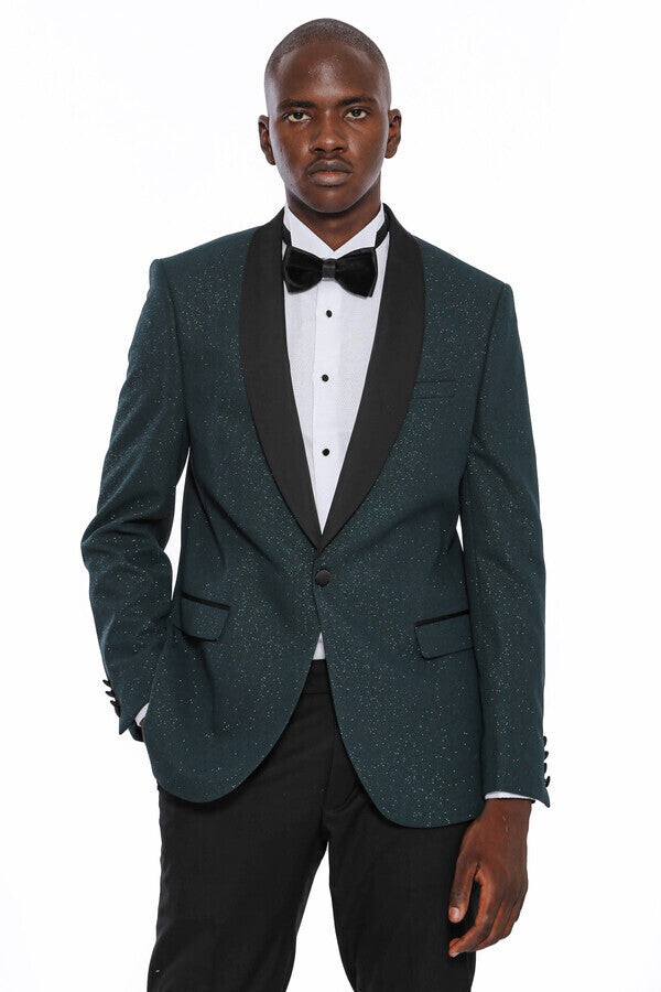 Green Shawl Lapel Sparkly Tuxedo Jacket - Wessi