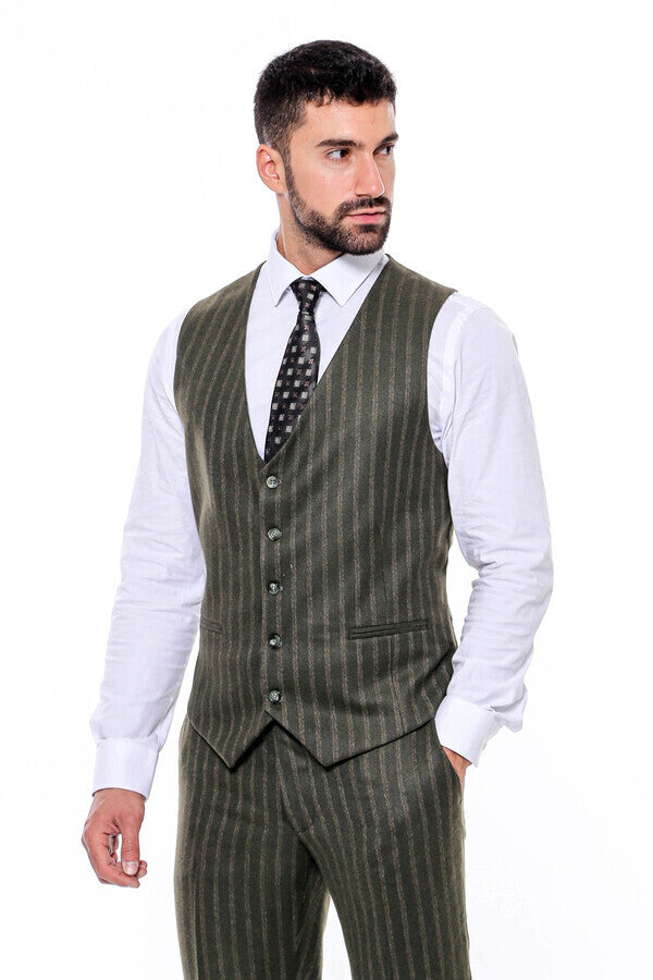 Green Striped Slim-Fit Vested Suit - Wessi