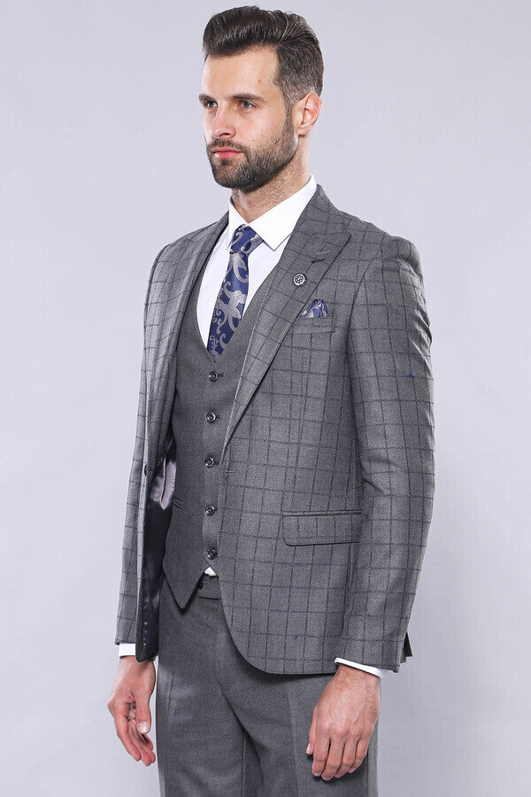 Grey Vested Checked Suit - Wessi