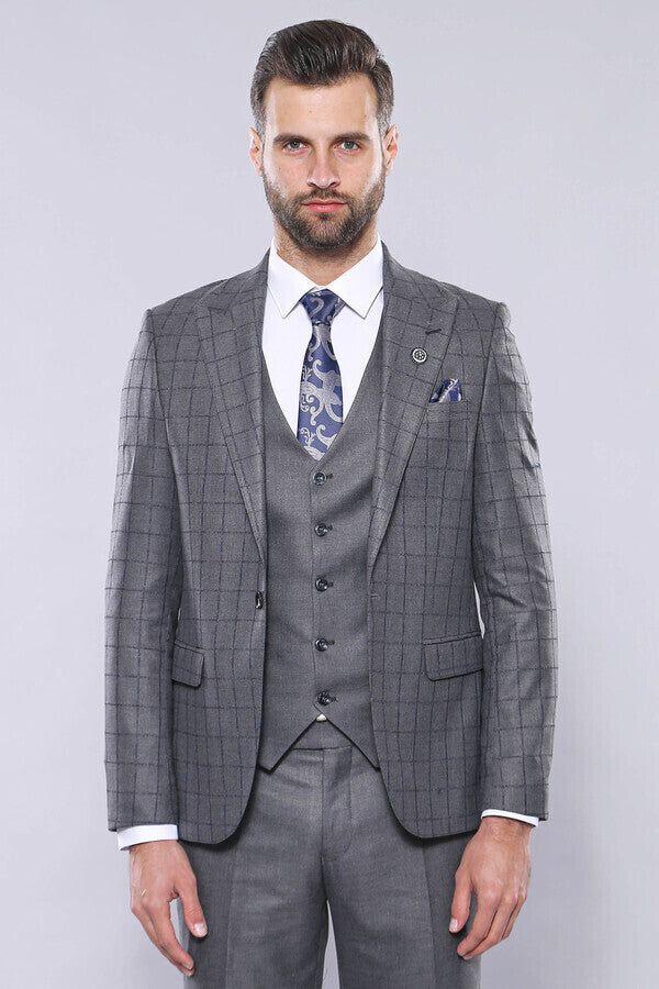 Grey Vested Checked Suit - Wessi