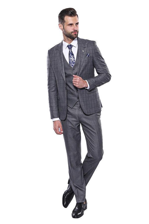 Grey Vested Checked Suit - Wessi