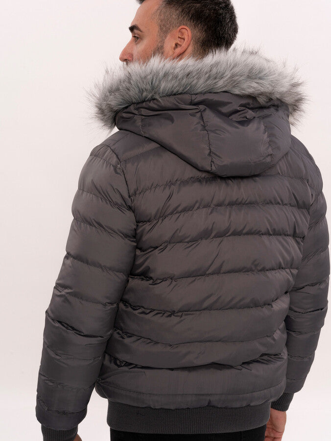 Grey Men's Puffer Coat with Fur - Wessi