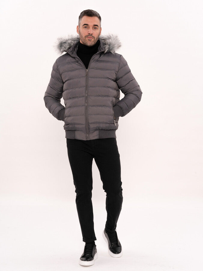 Grey Men's Puffer Coat with Fur - Wessi