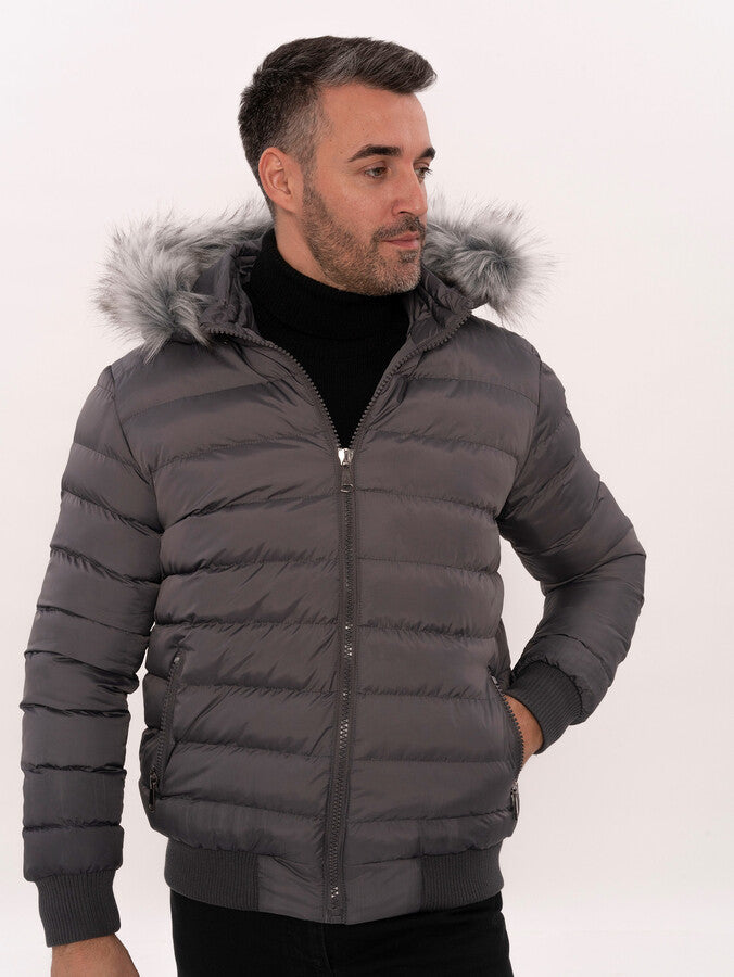 Grey Men's Puffer Coat with Fur - Wessi