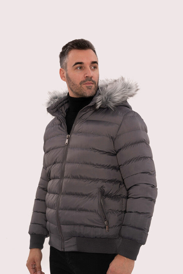 Grey Men's Puffer Coat with Fur - Wessi