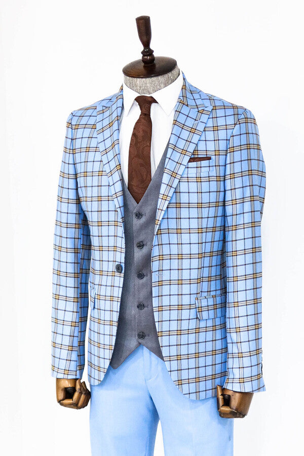 Grey Vested Slim Fit Checked Light Blue Men Suit - Wessi