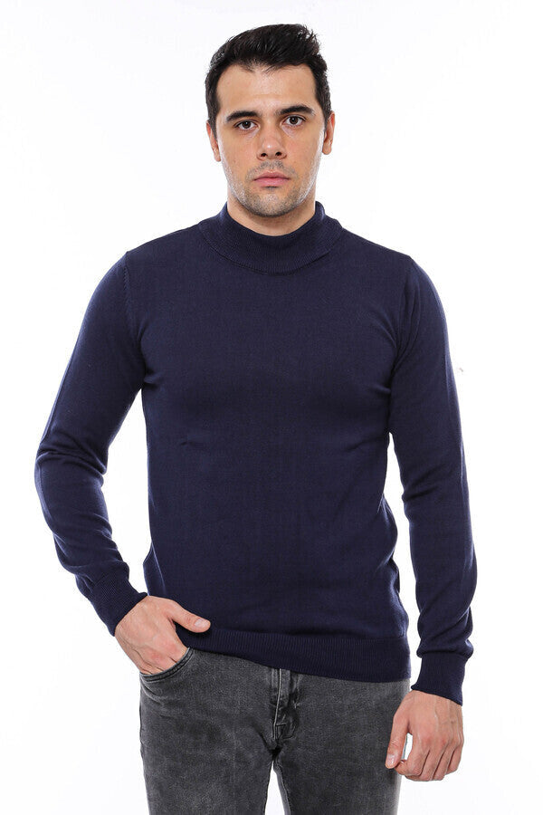 Half Turtleneck Knitwear Navy Blue Men Sweater - Wessi