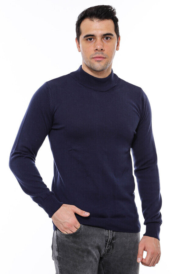 Half Turtleneck Knitwear Navy Blue Men Sweater - Wessi