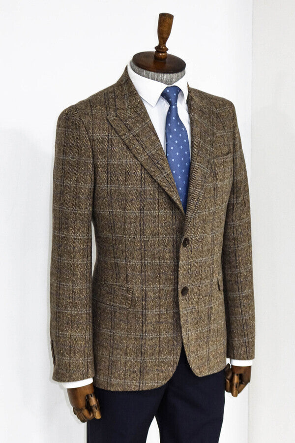 Herringbone Slim Fit Wool Brown Men Blazer - Wessi