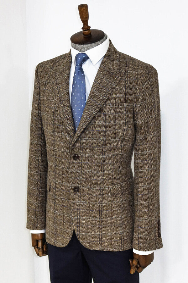 Herringbone Slim Fit Wool Brown Men Blazer - Wessi