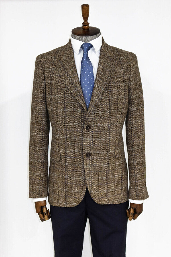 Herringbone Slim Fit Wool Brown Men Blazer - Wessi