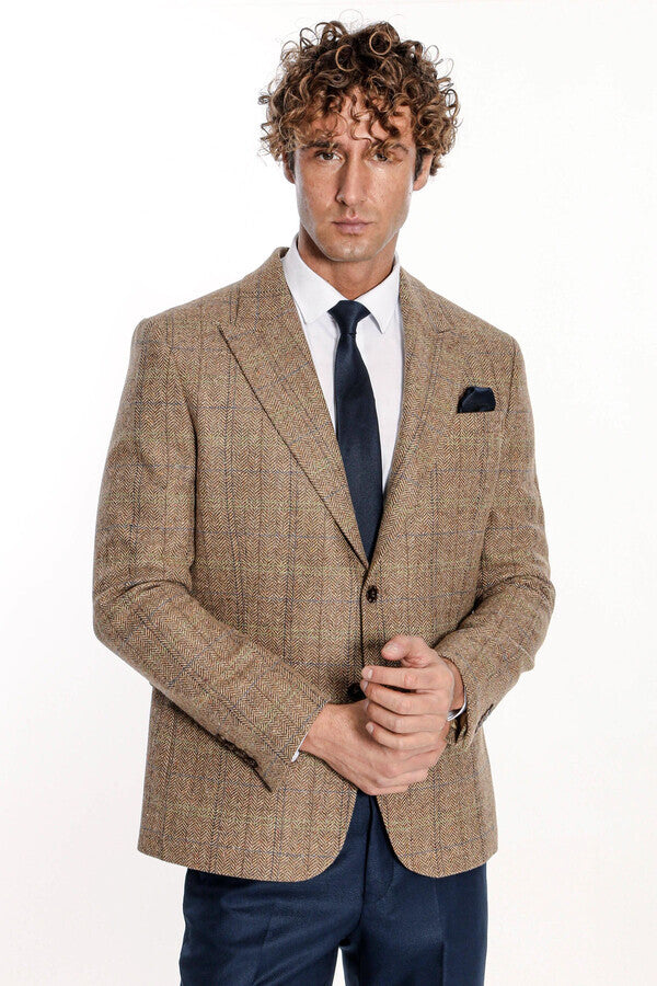 Herringbone Slim Fit Wool Tan Men Blazer - Wessi