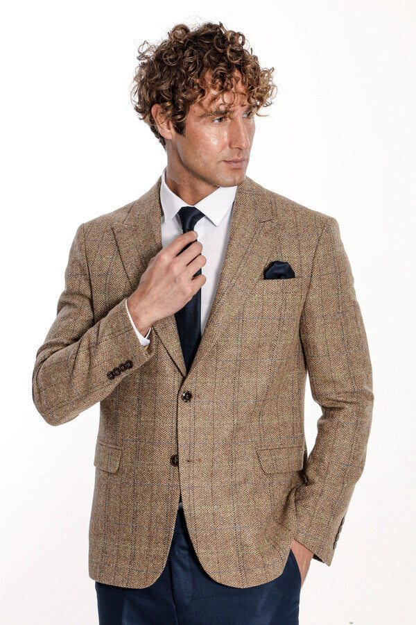 Herringbone Slim Fit Wool Tan Men Blazer - Wessi