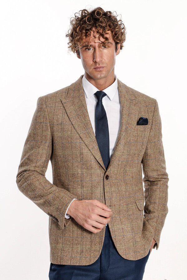 Herringbone Slim Fit Wool Tan Men Blazer - Wessi