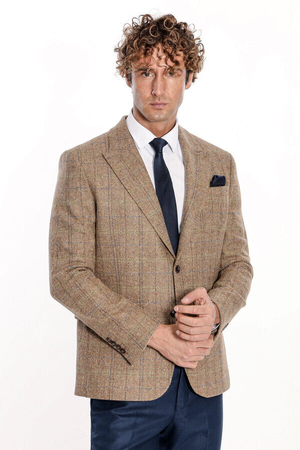 Herringbone Slim Fit Wool Tan Men Blazer - Wessi