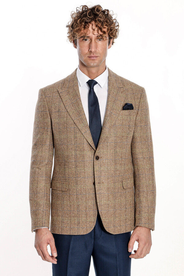 Herringbone Slim Fit Wool Tan Men Blazer - Wessi