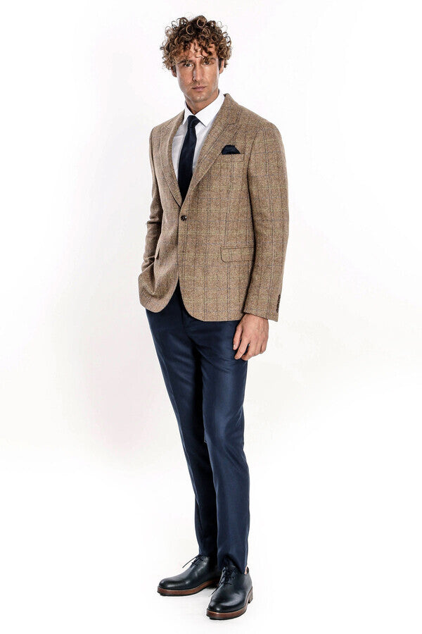 Herringbone Slim Fit Wool Tan Men Blazer - Wessi