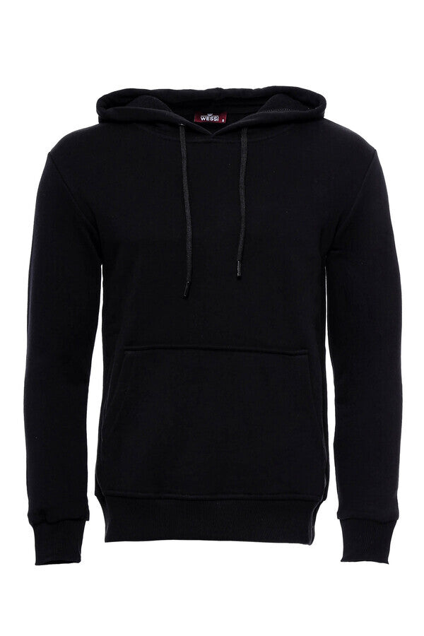 Hooded Pocket Plain Black Men's Sweatshirt - Wessi