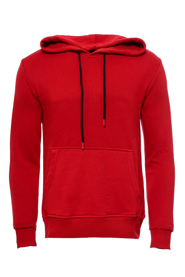 Hooded Pocket Plain Red Men's Sweatshirt - Wessi