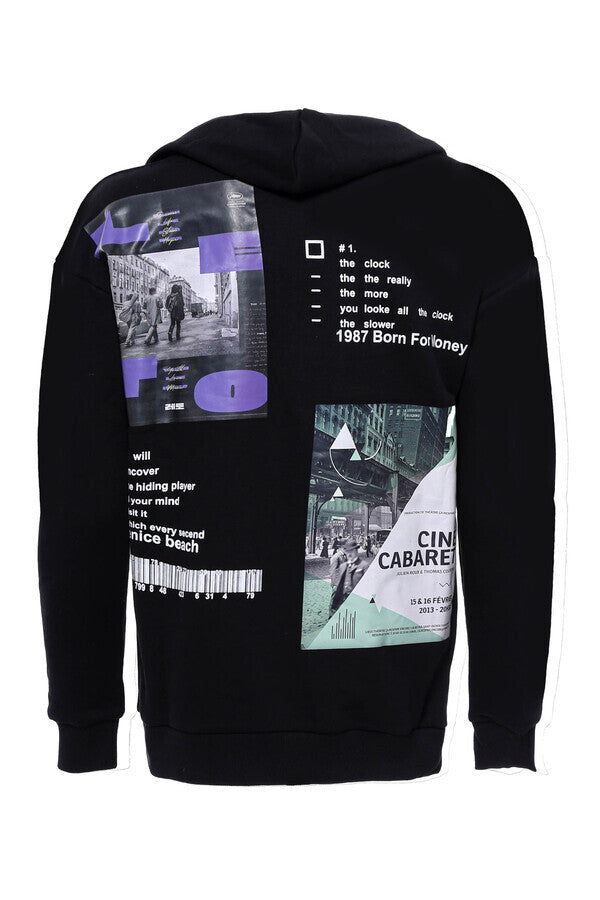 Hooded Printed Men's Black Sweatshirt - Wessi