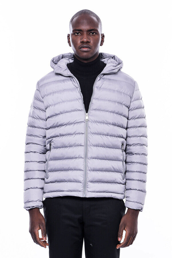 Hooded Quilted Grey Men Coat - Wessi