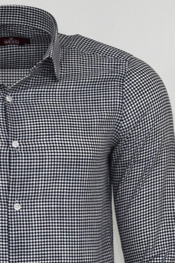 Houndstooth Pattern Navy Blue Men Shirt - Wessi