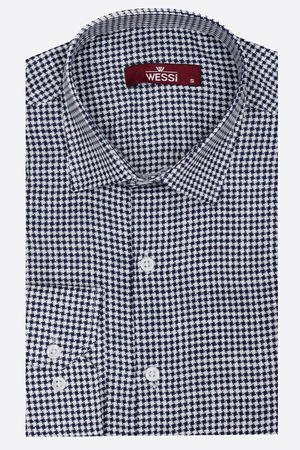 Camisa azul marino con estampado de pata de gallo para hombre - Wessi