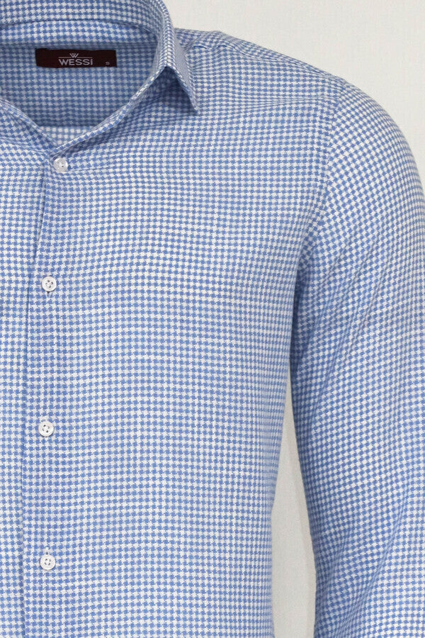 Houndstooth Pattern Sky Blue Men Shirt - Wessi