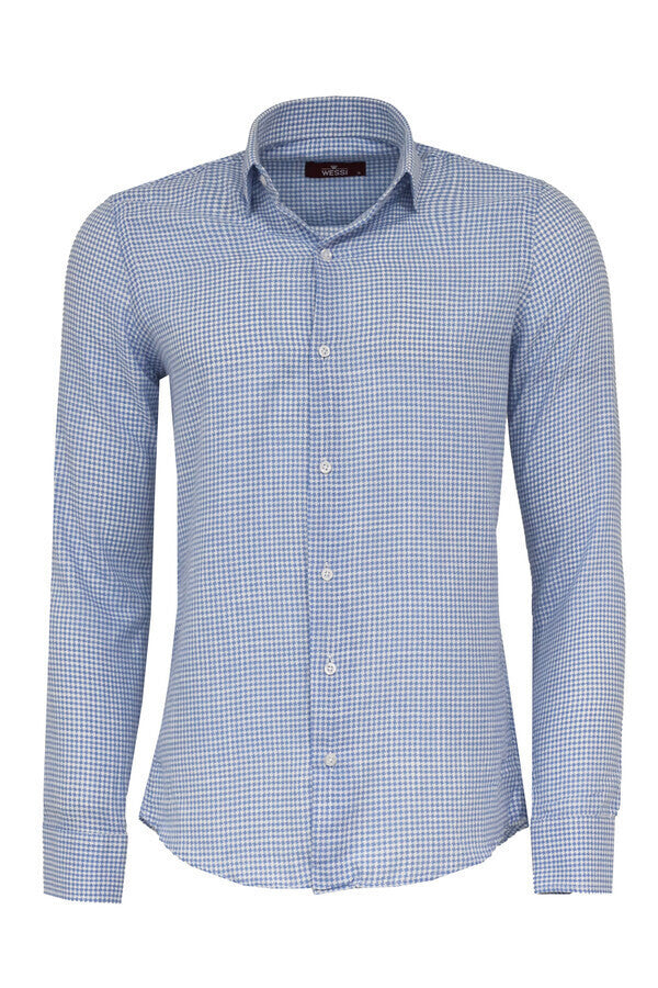 Houndstooth Pattern Sky Blue Men Shirt - Wessi