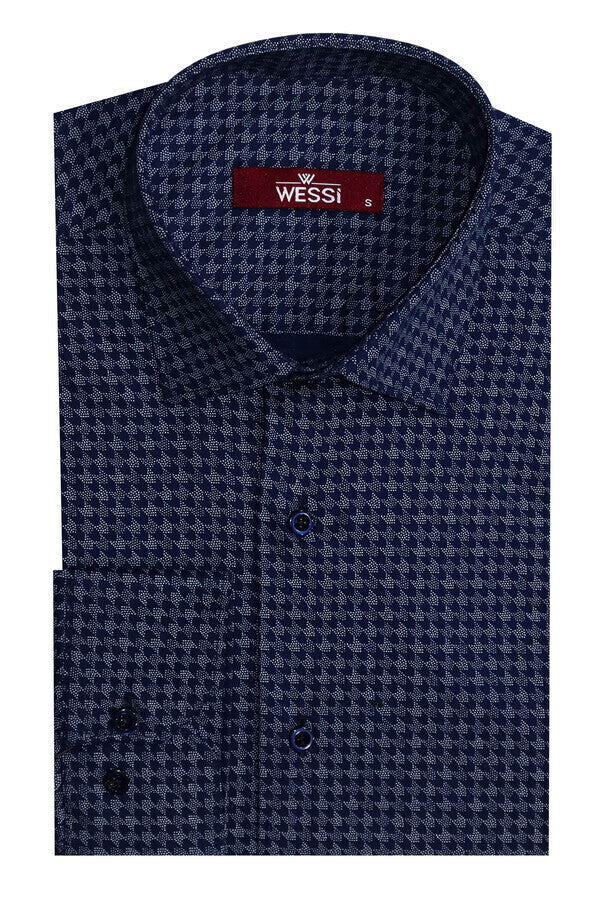 Houndstooth Pattern Slim Fit Navy Blue Men Shirt - Wessi