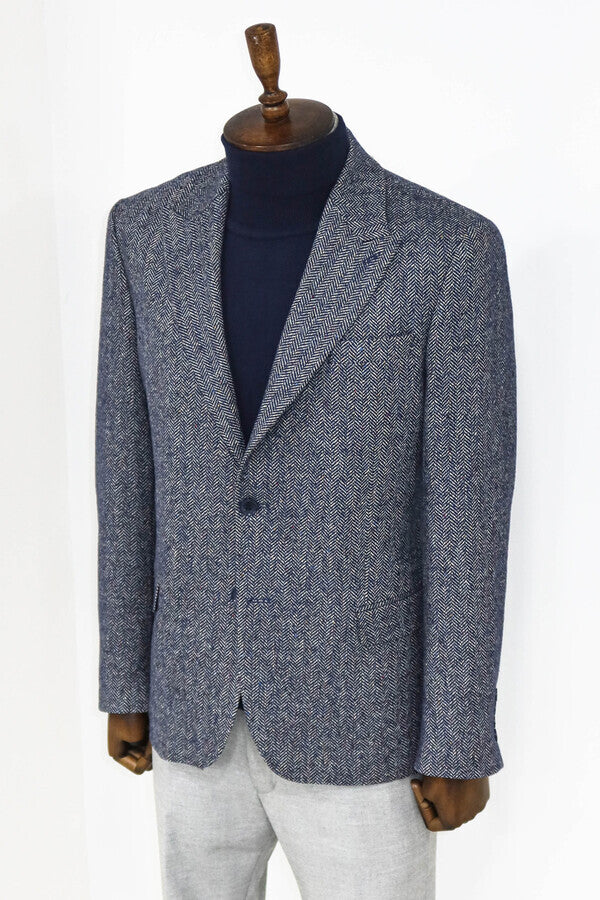 Houndstooth Pattern Wool Blue Men Blazer - Wessi