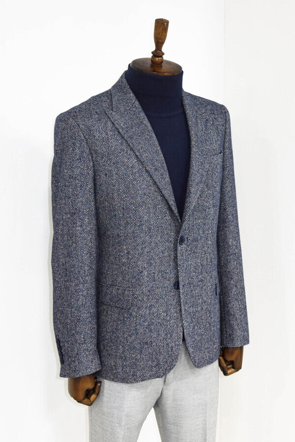 Houndstooth Pattern Wool Blue Men Blazer - Wessi