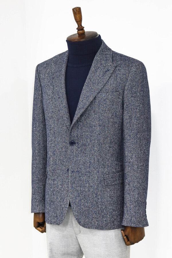 Houndstooth Pattern Wool Blue Men Blazer - Wessi