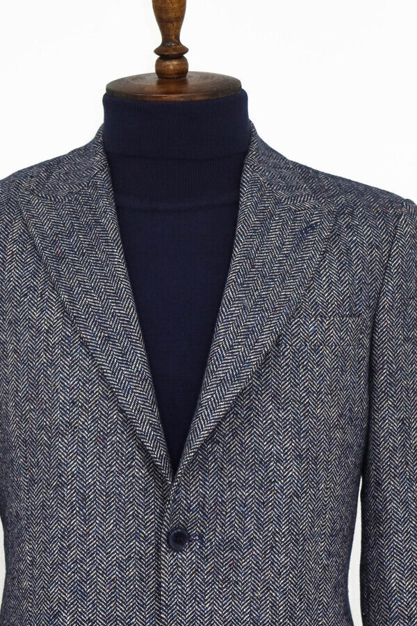 Houndstooth Pattern Wool Blue Men Blazer - Wessi