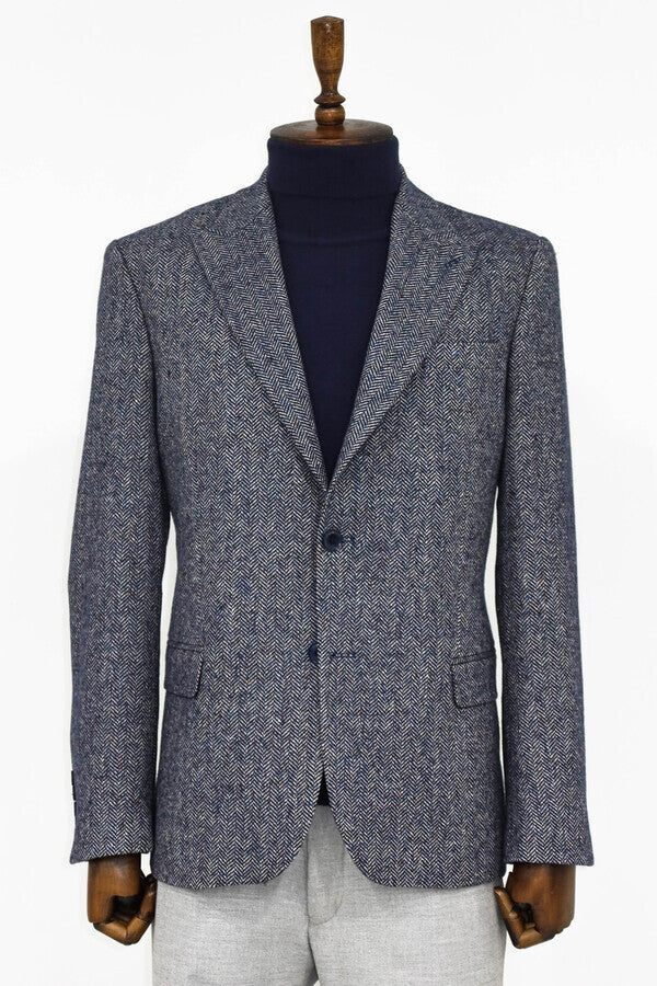 Houndstooth Pattern Wool Blue Men Blazer - Wessi