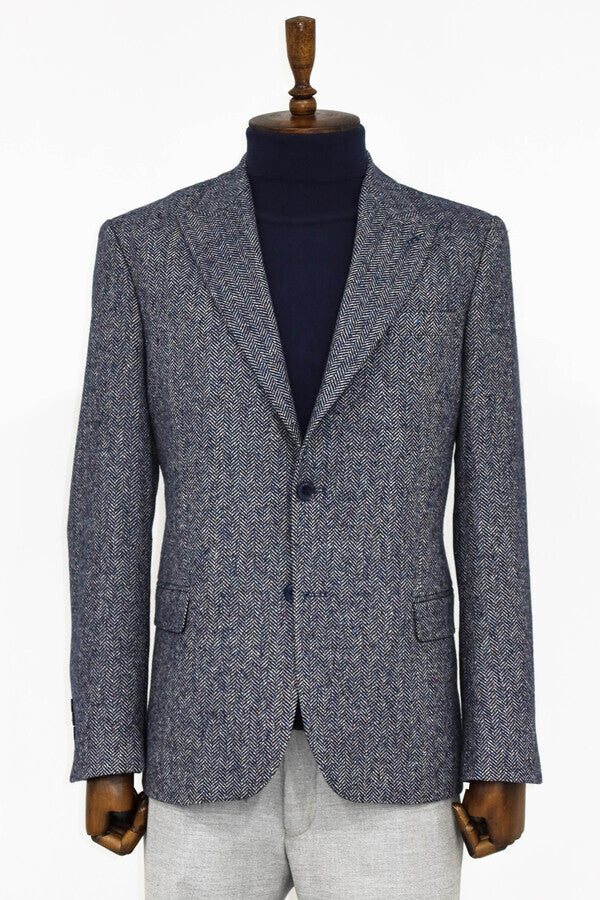 Houndstooth Pattern Wool Blue Men Blazer - Wessi