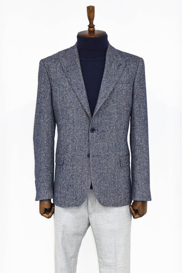 Houndstooth Pattern Wool Blue Men Blazer - Wessi