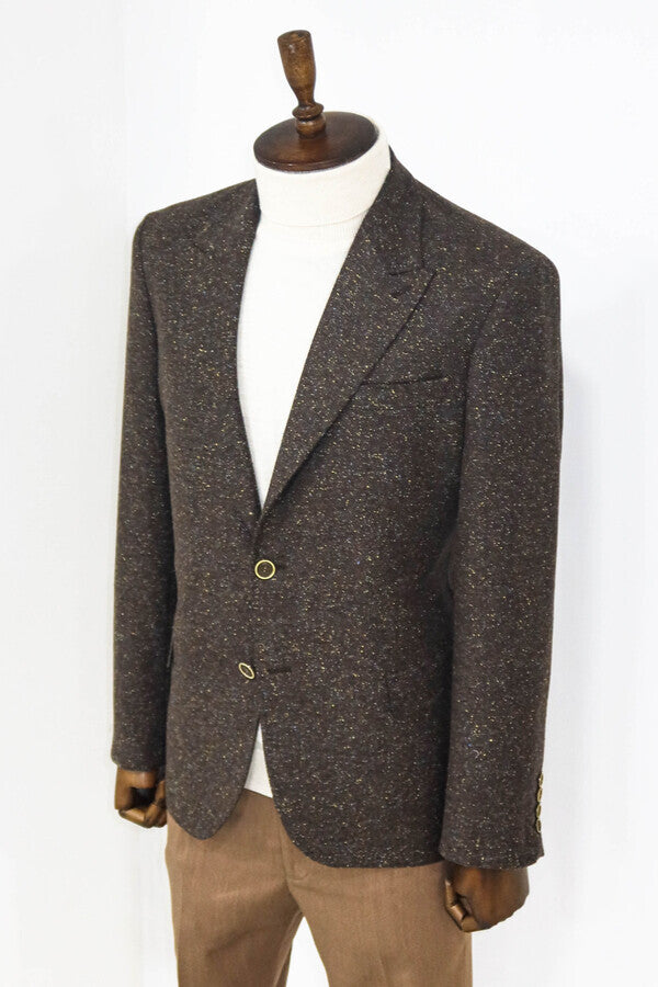 Houndstooth Pattern Wool Brown Men Blazer - Wessi