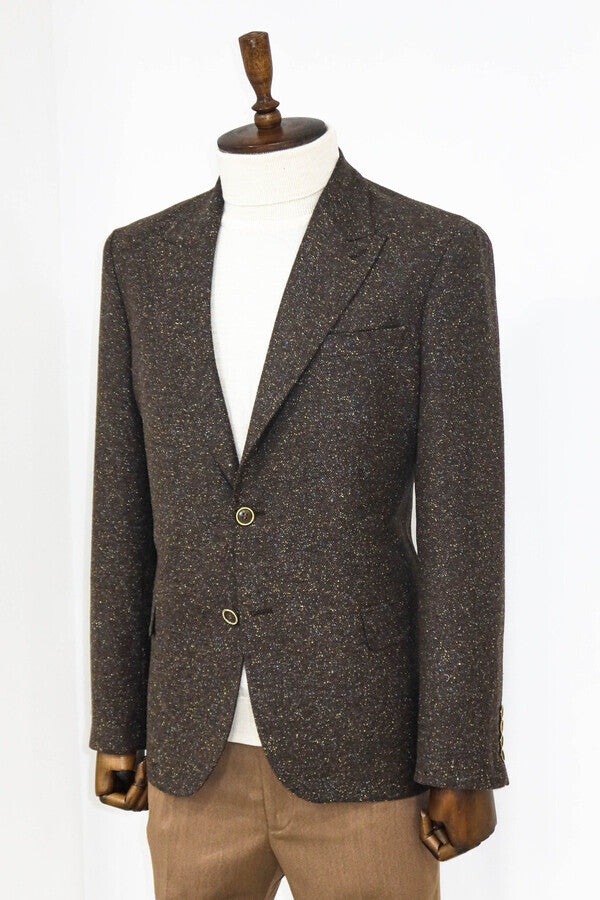 Houndstooth Pattern Wool Brown Men Blazer - Wessi