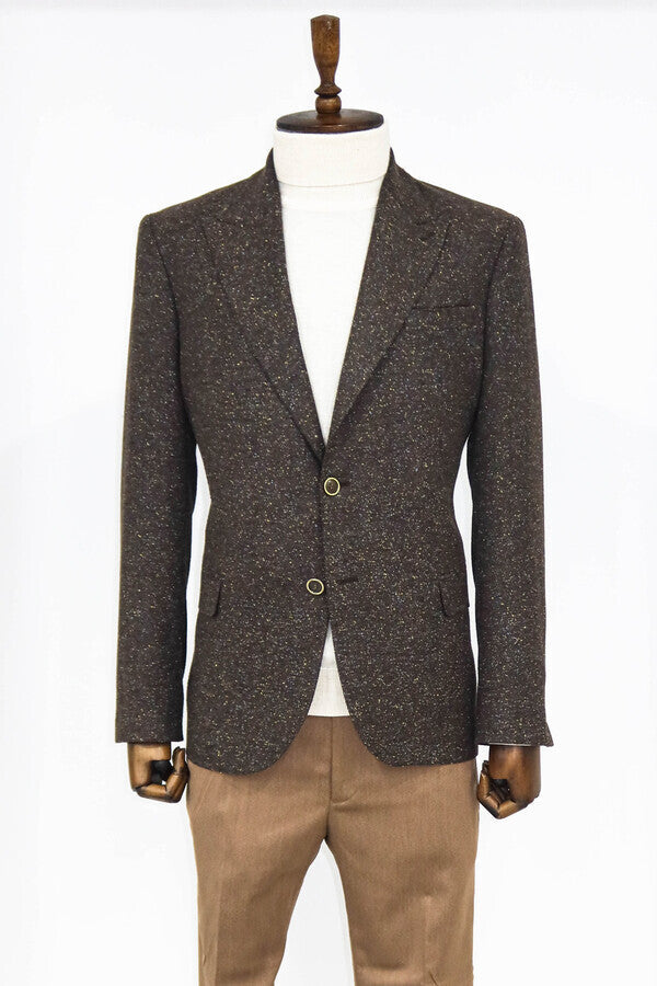 Houndstooth Pattern Wool Brown Men Blazer - Wessi