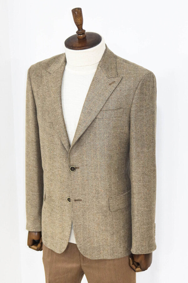 Houndstooth Pattern Wool Cream Men Blazer - Wessi