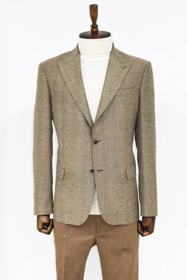 Houndstooth Pattern Wool Cream Men Blazer - Wessi