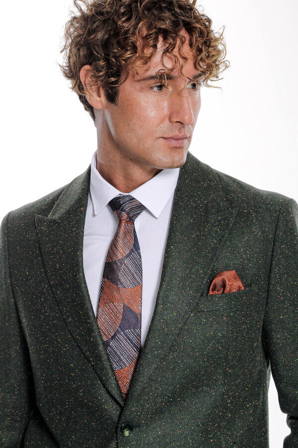 Houndstooth Pattern Wool Green Men Blazer - Wessi