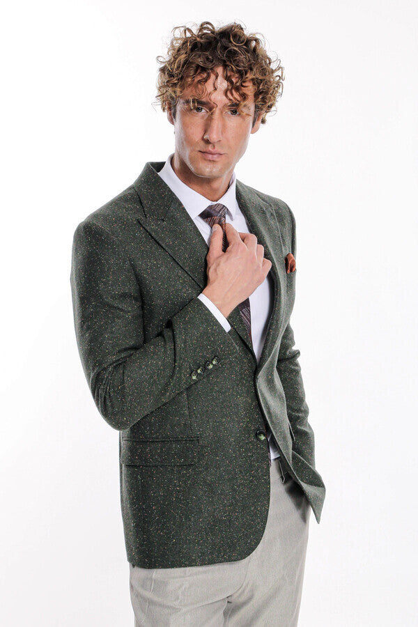 Houndstooth Pattern Wool Green Men Blazer - Wessi